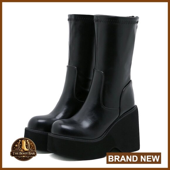 Shoes - Leather Platform Wedge Heel Mid-Calf Combat Boots Non-Slip
